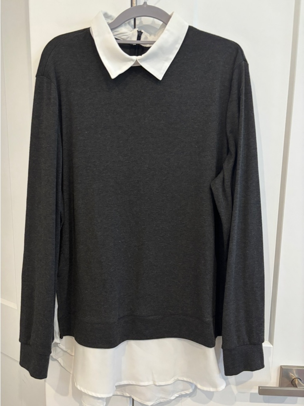 Women’s Layered Charcoal Sweater with White Blouse Collar. Size XL